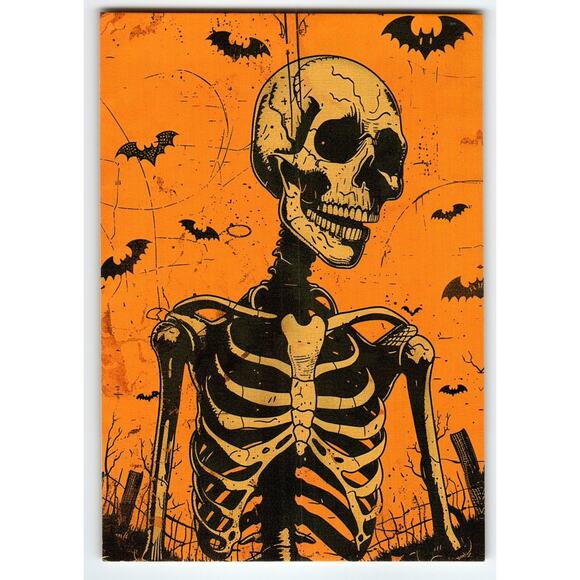Vintage Halloween Skeleton & Bats Orange Photochrome Postcard - Picture 1 of 2